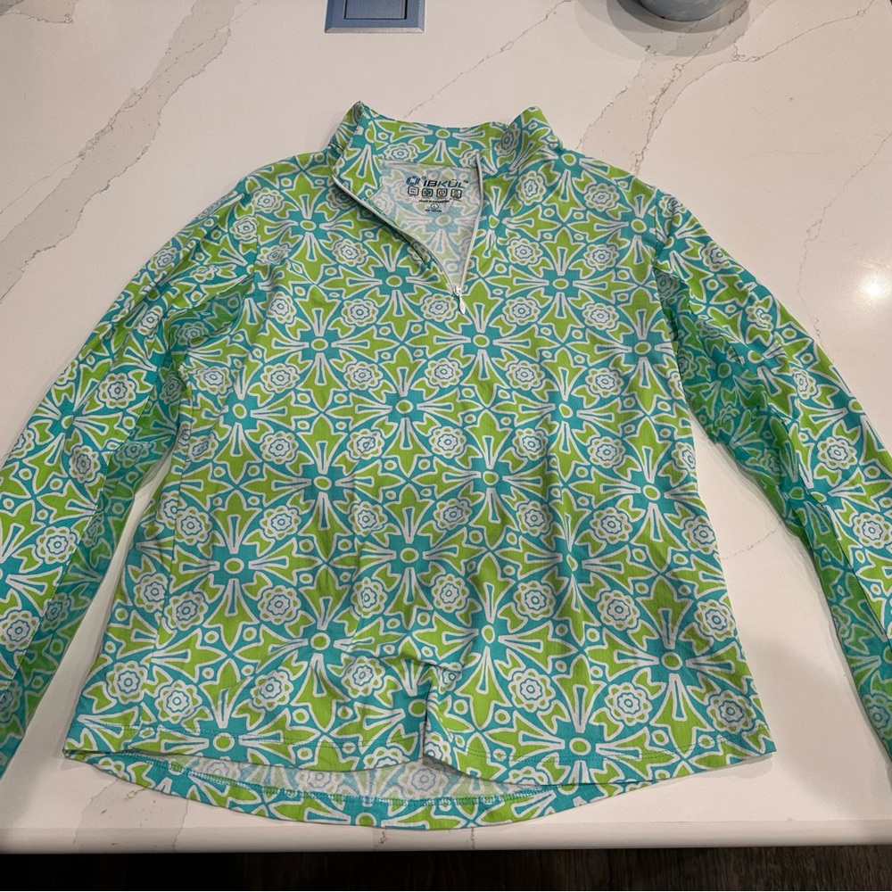 Ibkul 1/4 zip mock-neck, long-sleeve top w/ mesh under sleeve. Large. Blue/green